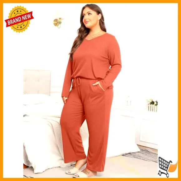 Plus Size Knit Lounge Set Long Sleeve V Neck Top Wide Leg Pants with Pockets